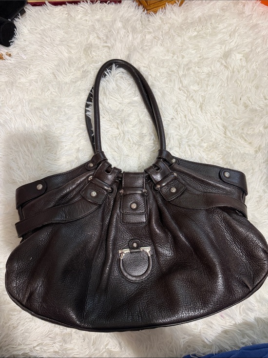 Salvatore Ferragamo Handbags - Salvatore Ferragamo Dark Brown Pebbled Leather Shoulder Bag